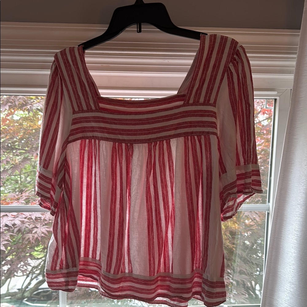 Old Navy Red and Pink Smocked Blouse with Bib Collar